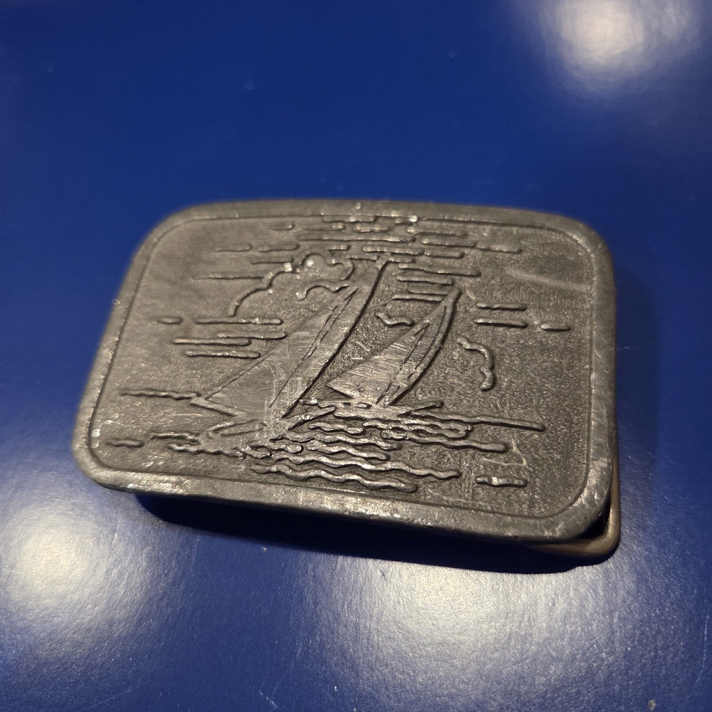 Pewter Sailboat Sailing Scene Belt Buckle Rectangular Nautical